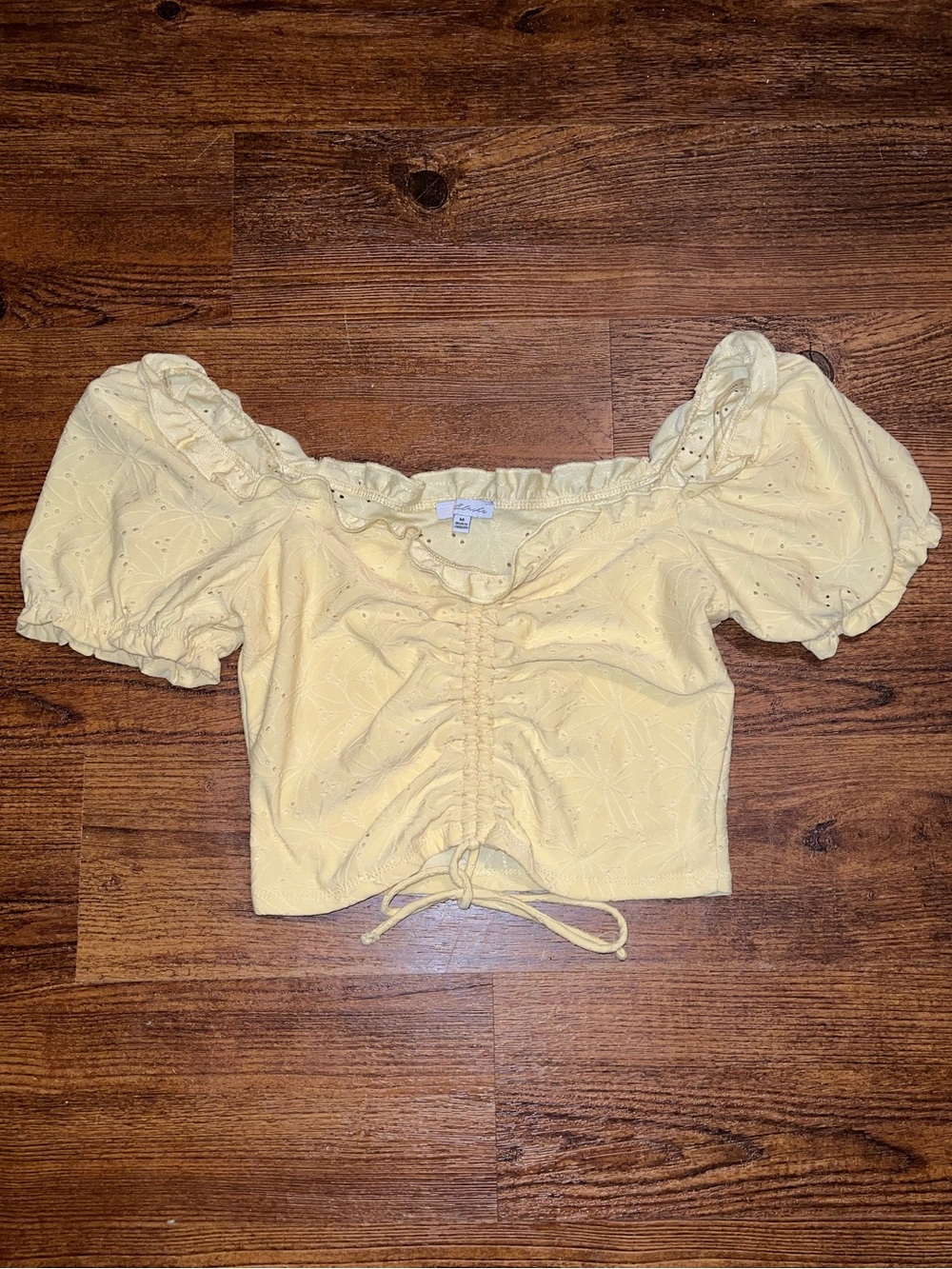 Pastel Butter Yellow Eyelet Crop Top Ruched Drawstring Cottagecore Size M